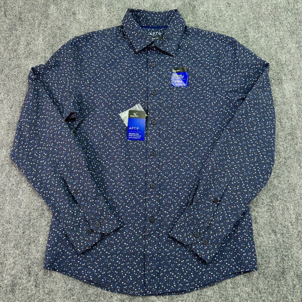Apt 9 Shirt Mens Small Blue Premier Flex Untucked Slim Fit Stretch Button Up NWT